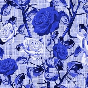 Bold Blue and White Floral Blooms, Textured Ink Rose Flowers, Vibrant Colorful Blooms, Dramatic Hand Drawn Climbing Roses 