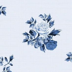 Vintage Floral Roses Pattern, Country Cottage Flowers, Romantic Garden Roses Bouquet, Hand Drawn in Monochromatic Shades of Blue
