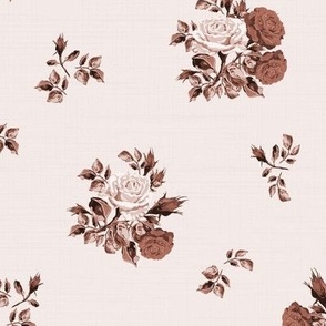 Warm Neutral Floral Pattern, Romantic Cottage Roses Flower Bouquet, Nostalgic English Country Cottage Garden, Hand Drawn Shades of Chocolate Brown Monochrome