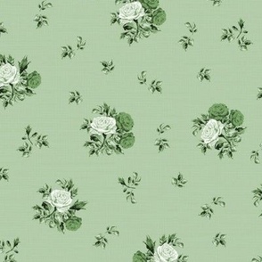 Leafy Green Floral Pattern, Pretty Rose Posy Flower Bouquet, Nostalgic English Country Cottage Garden, Hand Drawn Shades of Green Monochrome