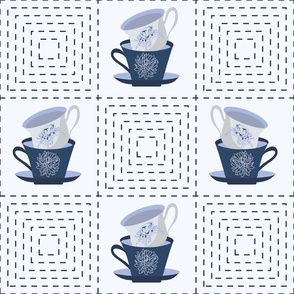 Shibori Blue Tea Cups-Stitched Gingham Checks-Shibori Blues Palette