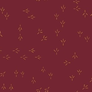 SMALL - Bird tracks with rustic charm - minimalist woodland design - ochre on burgundy red