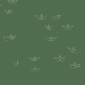 SMALL - Playfully arranged paper boats  - drawn in a simple style - beige on moss green