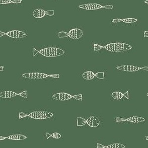 SMALL - Simple fish drawings arranged in a horizontal procession - beige on moss green