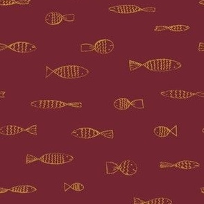 SMALL - Simple fish drawings arranged in a horizontal procession - ocher on burgundy red