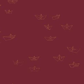 SMALL - Playfully arranged paper boats - drawn in a simple style - ochre on burgundy red