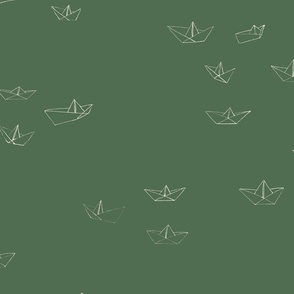 MEDIUM - Playfully arranged paper boats  - drawn in a simple style - beige on moss green