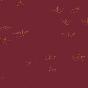 MEDIUM - Playfully arranged paper boats - drawn in a simple style - ochre on burgundy red