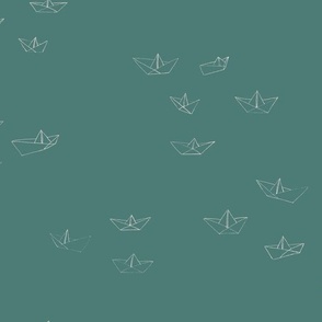 SMALL - Playfully arranged paper boats - drawn in a simple style - icy rose on teal
