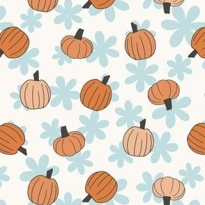 flower power pumpkin patch | retro orange pumpkins & blue daisies fall Halloween print