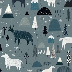 Whimsical Winter - Woodland animals blue L