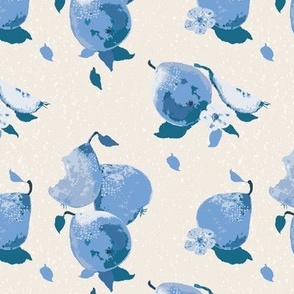Pears, floral soft blue and cream wallpaper or fabric