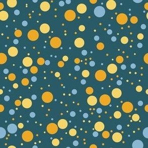 small blue, yellow, orange, ochre dots on dark blue background, confetti explosion, colorful dots
