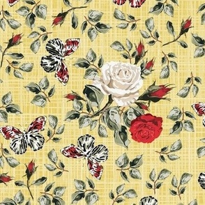 Lemon Yellow Floral with Flying Butterflies, Summer Rose Botanic Garden Pattern, English Country Cottagecore, Hand Drawn Butterfly with Red and White Flowers Bouquet