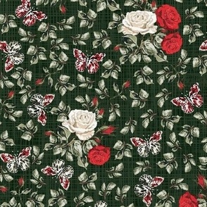 Dark Green Red White Floral with Flying Butterflies, Summer Rose Botanic Garden Pattern, English Country Cottagecore, Hand Drawn Butterfly and Flowers Bouquet