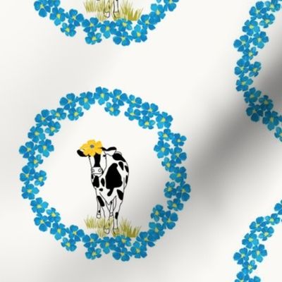 cow in blue floral wreath offwhite background