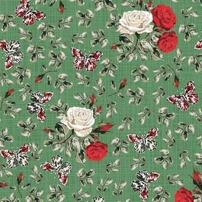 Butterfly Decor Summer Rose Cottage Garden, Vintage Floral Pattern with Flying Butterflies, Colorful Botanic Garden with Red and White Roses, Modern Cottagecore Tea Party