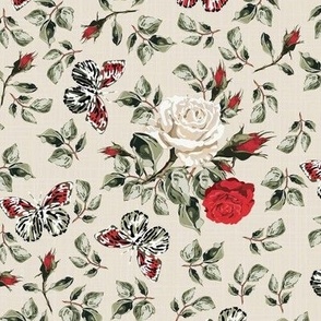 Summer Vintage Floral Pattern with Flying Butterflies, Botanical Red and White Flowers, Green Leaves Foliage, Playful English Heritage