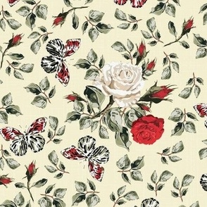Summer Vintage Yellow Floral Rose Pattern, Red and White Flowers, Green Leaves Foliage, Dainty Floral Pattern with Flying Butterflies, Iconic Nature Inspired Design