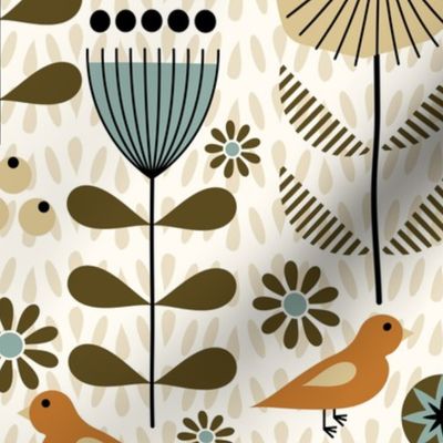 Calm Scandi Meadow / Folk Art / Autumn / Birds Flowers / Dove White Sand Ochre / Large