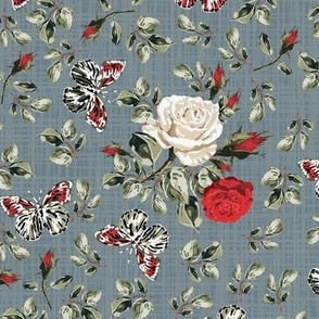 Red and White Vintage Rose Floral, Summer Flowers and Flying Butterflies, Farmhouse Botanical in Green and Red, Cosy Retro Cottagecore