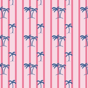 Hawiian Pink and Blue Palms stripes  Medium Scale