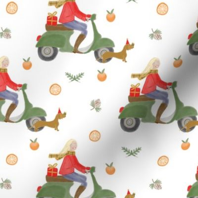 Holiday Christmas scooter with Weiner dog - fun and festive - small scale print 