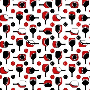 red_ black_ and white paddles with black balls and red-cutout white outline
