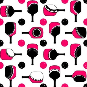 hot pink and white paddles with black and pink balls white outline