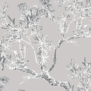Modern Chinoiserie Neutral, White, Gray with bird, leaves, trees, Large scale