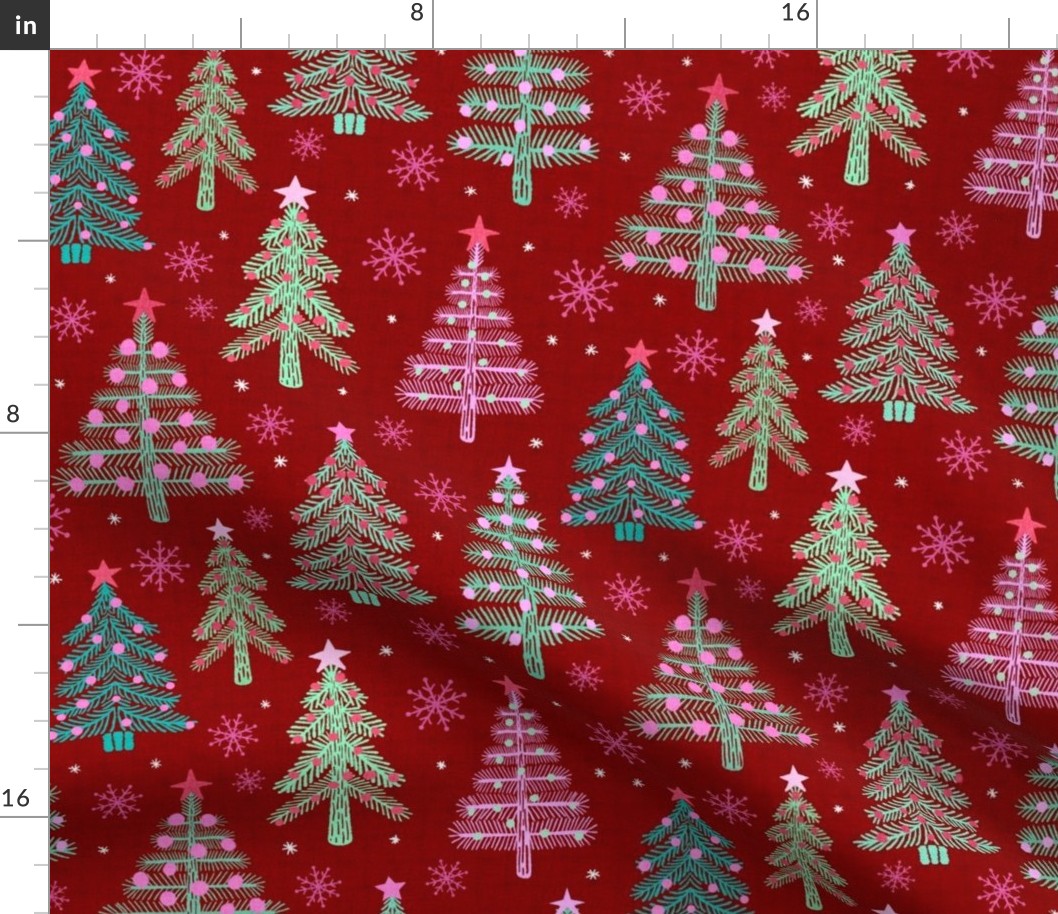 Christmas trees  on red 10.5”