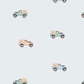 Safari Dreams - safari jeeps - blue background