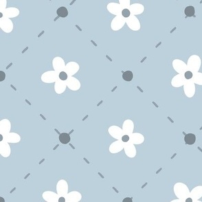 Daises in Stitches - White Daisies on Light Steel Blue - Large 