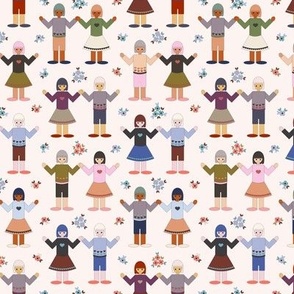 Small scale scandi inspired naive illustration, boy and girl holding hands in the garden, world peace, we are all the same, flowers, for kids apparel, decor, wallpaper, sheets and duvet covers.