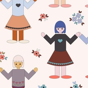 Large scale scandi inspired naive illustration, boy and girl holding hands in the garden, world peace, we are all the same, flowers, for kids apparel, decor, wallpaper, sheets and duvet covers.