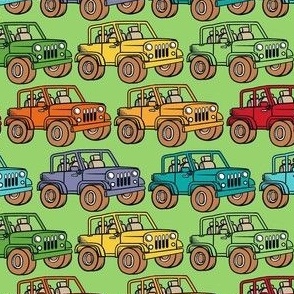 Medium Scale Jeep 4x4 Adventures Off Road All Terrain Vehicles Colorful Cars on Lime Green