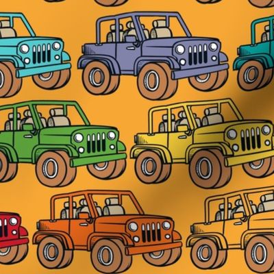 Large Scale Jeep 4x4 Adventures Off Road All Terrain Vehicles Colorful Cars on Yellow Gold