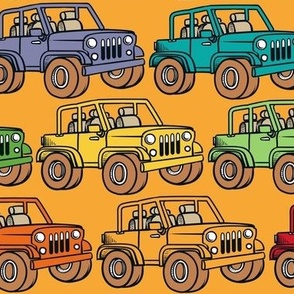 Large Scale Jeep 4x4 Adventures Off Road All Terrain Vehicles Colorful Cars on Yellow Gold