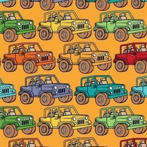 Medium Scale Jeep 4x4 Adventures Off Road All Terrain Vehicles Colorful Cars on Yellow Gold