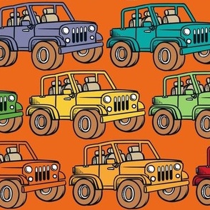 Large Scale Jeep 4x4 Adventures Off Road All Terrain Vehicles Colorful Cars on Orange