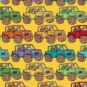Medium Scale Jeep 4x4 Adventures Off Road All Terrain Vehicles Colorful Cars on Yellow