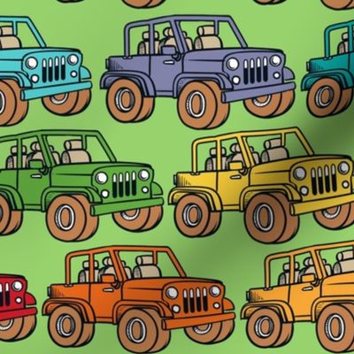 Large Scale Jeep 4x4 Adventures Off Road All Terrain Vehicles Colorful Cars on Lime Green