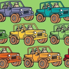 Large Scale Jeep 4x4 Adventures Off Road All Terrain Vehicles Colorful Cars on Lime Green