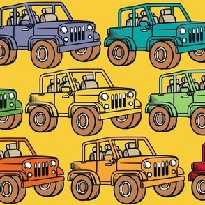 Large Scale Jeep 4x4 Adventures Off Road All Terrain Vehicles Colorful Cars on Yellow