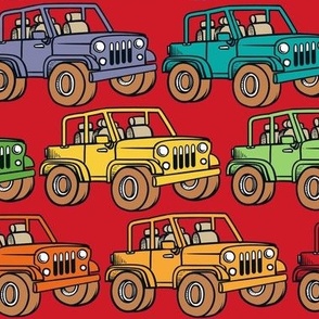 Large Scale Jeep 4x4 Adventures Off Road All Terrain Vehicles Colorful Cars on Red