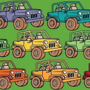 Large Scale  Jeep 4x4 Adventures Off Road All Terrain Vehicles Colorful Cars on Green