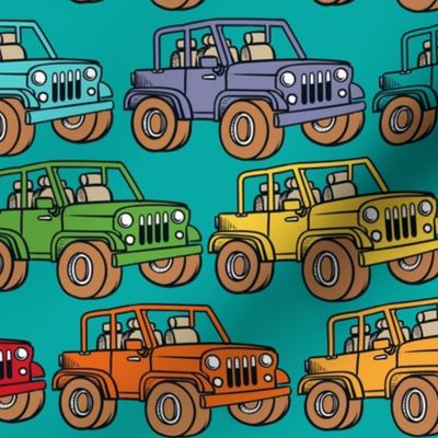 Large Scale Jeep 4x4 Adventures Off Road All Terrain Vehicles Colorful Cars on Turquoise