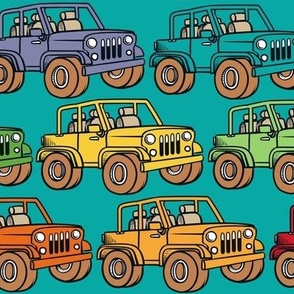 Large Scale Jeep 4x4 Adventures Off Road All Terrain Vehicles Colorful Cars on Turquoise