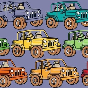 Large Scale Jeep 4x4 Adventures Off Road All Terrain Vehicles Colorful Cars on Soft Purple