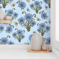 Poppy Blue and Butterflies - Polka Dots on Light Blue BG - Floral Collection